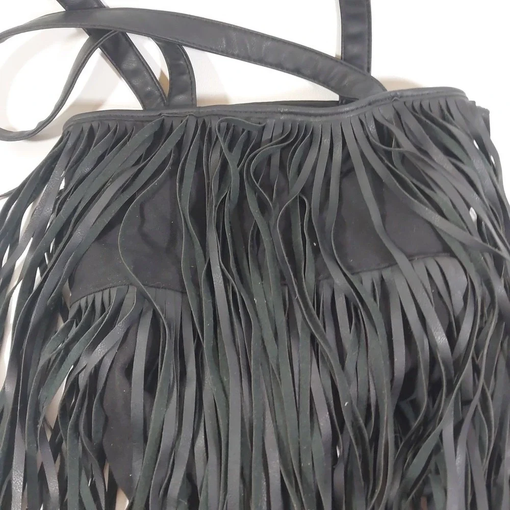 Black Faux Suede Fringe Slouchy‎ Hobo Shoulder Bag Tote Boho
